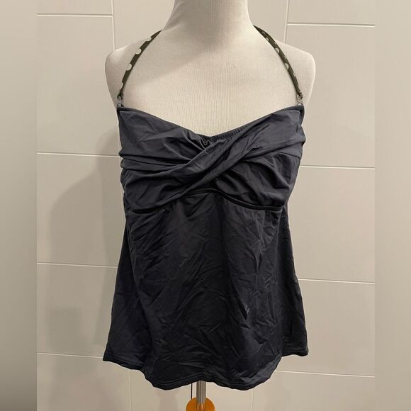 Charcoal gray tankini top. Halter top with olive green and white polka dots - Picture 2 of 8
